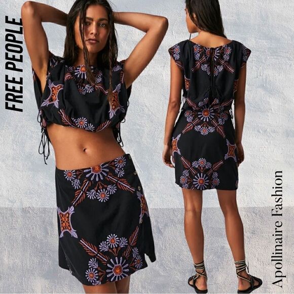 FREE PEOPLE SARDINIA MINI DRESS IN BLACK COMBO NEW - Picture 1 of 12